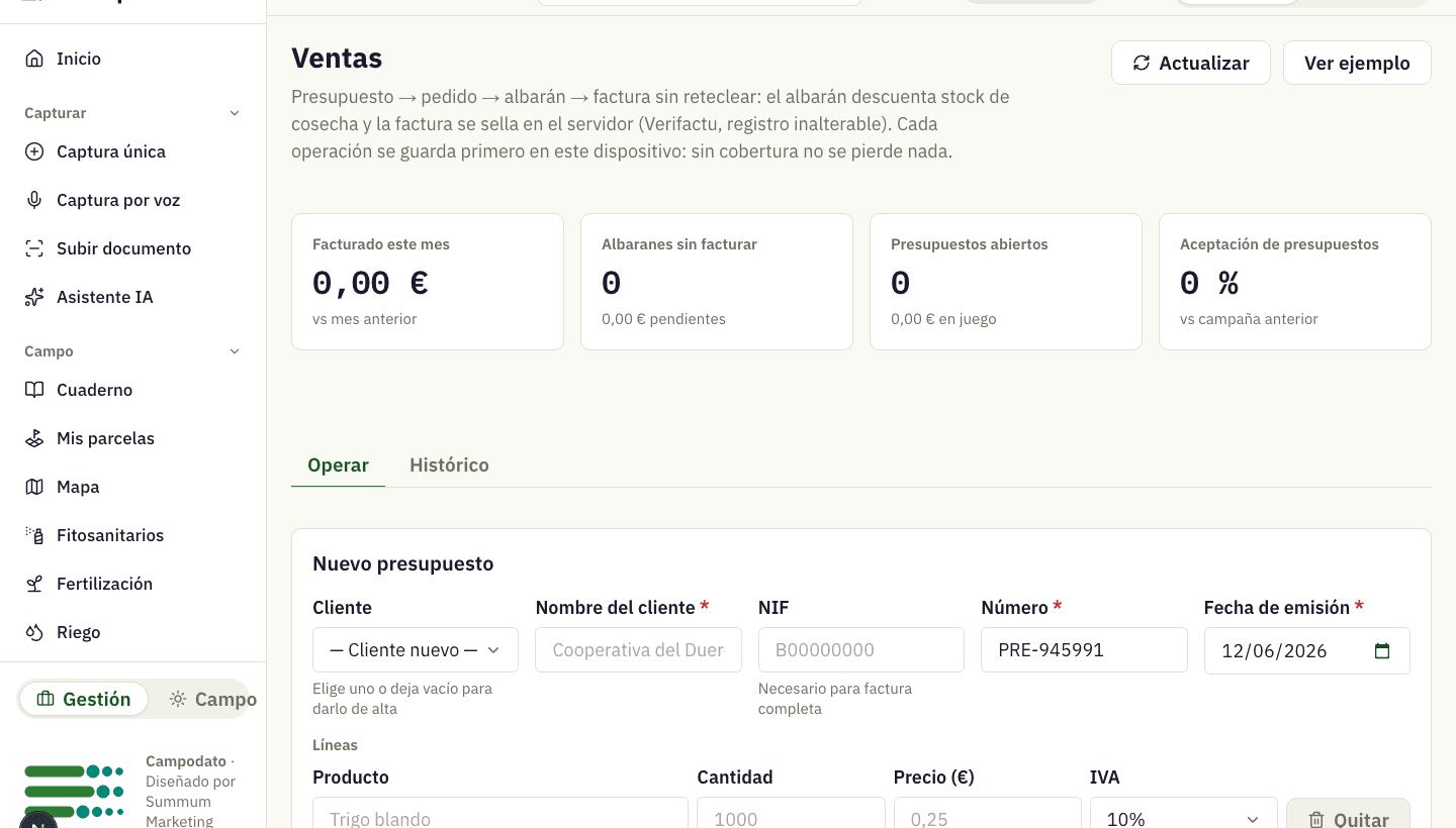 Panel de facturación y gestión de Campodato, con las ventas de la explotación
