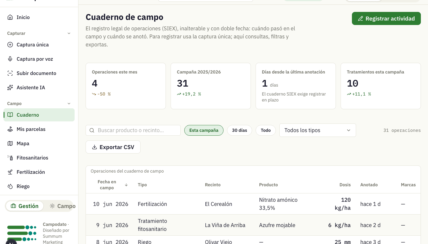 El cuaderno de Campodato con los apuntes reales de cada labor por parcela