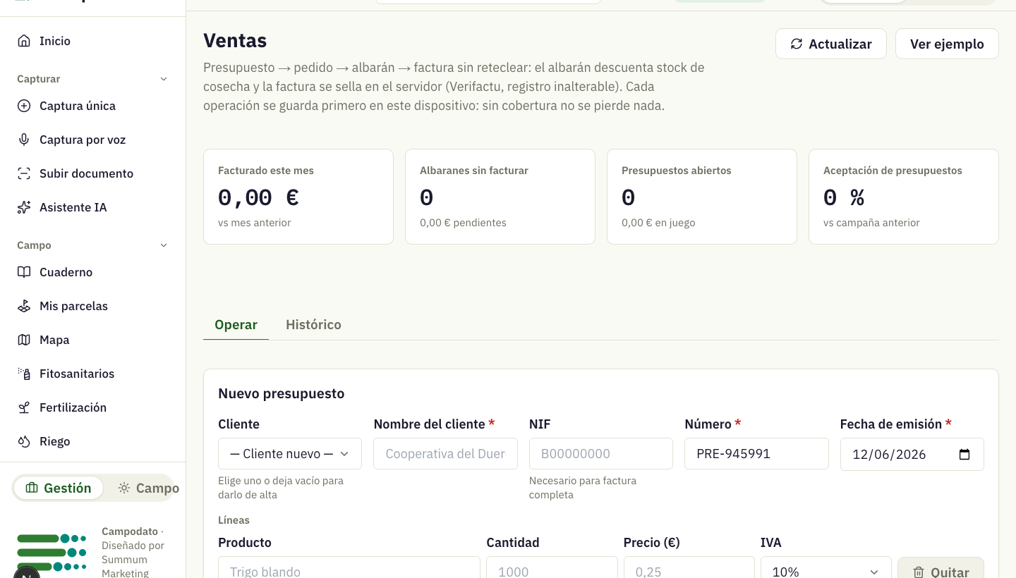 El panel de ventas de Campodato: presupuesto, albarán y factura Verifactu desde el mismo dato